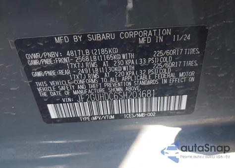 2025 Subaru Crosstrek Premium z USA, uszkodzony, nr VIN JF2GUHDC6SH203681